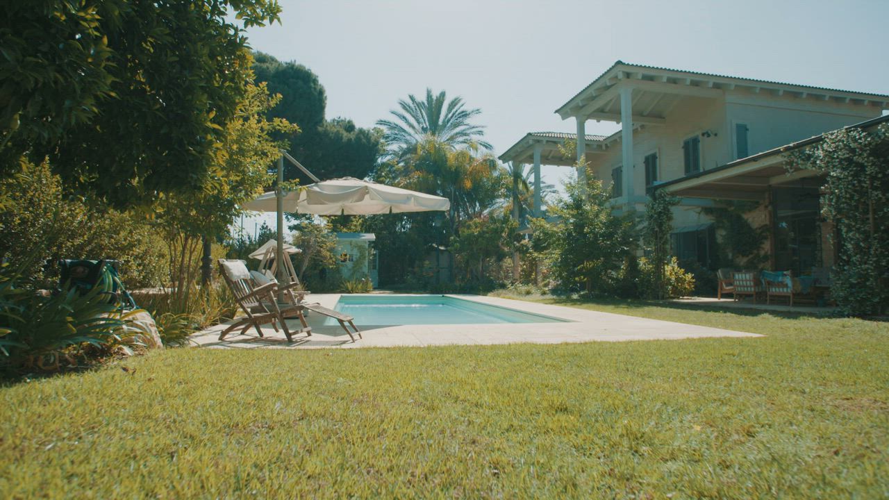 Garden and swimming pool of a whitewashed villa among palm trees